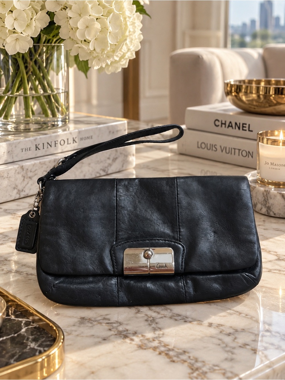 Coach Kristin 43645 Black Leather Large Wristlet Clutch Silver Hardware